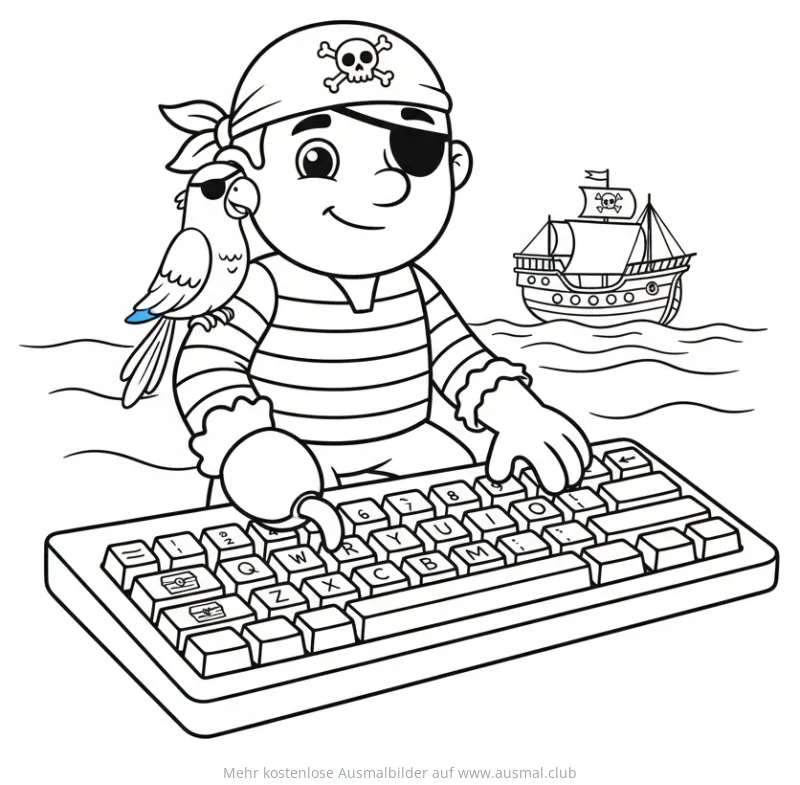 Pirat mit Papagei am Keyboard Ausmalbild
