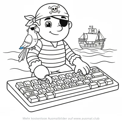 Pirat mit Papagei am Keyboard Ausmalbild