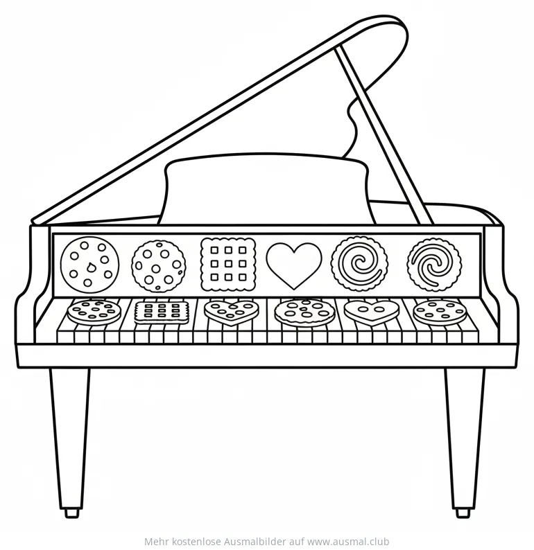 Klavier mit Keksen als Tasten Ausmalbild