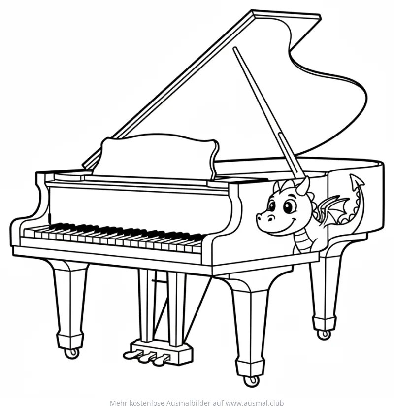 Klavier mit freundlichem Drachen Ausmalbild