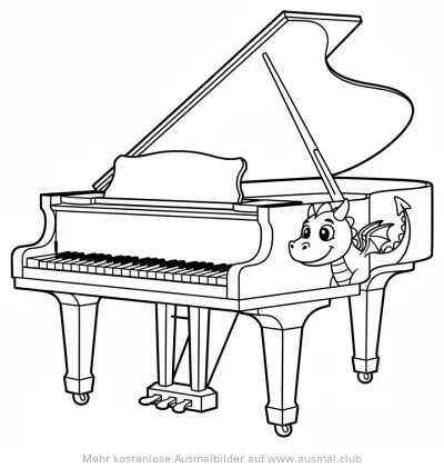 Klavier mit freundlichem Drachen Ausmalbild