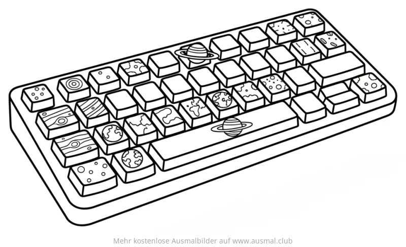 Klavier Ausmalbild mit Planeten und Sternen