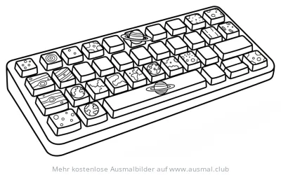 Klavier Ausmalbild mit Planeten und Sternen