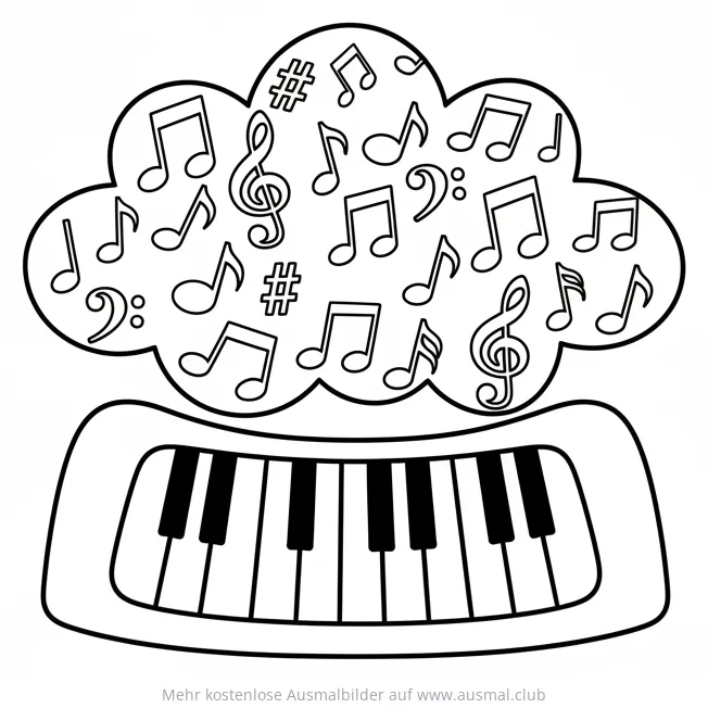 Klavier Ausmalbild mit Notenwolke