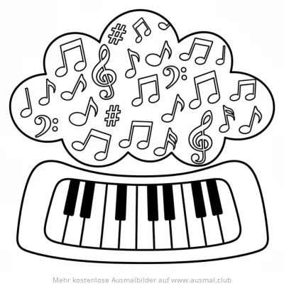 Klavier Ausmalbild mit Notenwolke