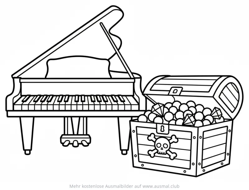 Klavier und Schatztruhe mit Totenkopf Ausmalbild
