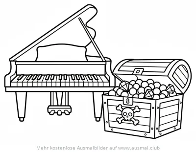 Klavier und Schatztruhe mit Totenkopf Ausmalbild