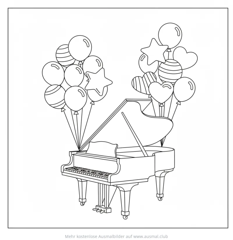 Klavier Ausmalbild mit Ballons in Herz-, Stern- und Kugelform