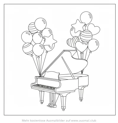Klavier Ausmalbild mit Ballons in Herz-, Stern- und Kugelform