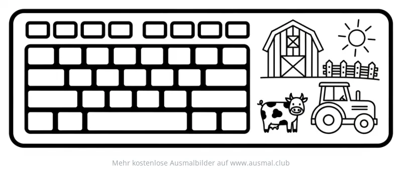 Bauernhof Keyboard Ausmalbild mit Kuh, Traktor und Bauernhaus
