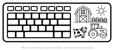 Bauernhof Keyboard Ausmalbild mit Kuh, Traktor und Bauernhaus