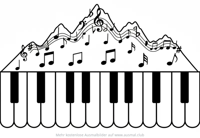 Klavier Ausmalbild mit Berglandschaft aus Noten