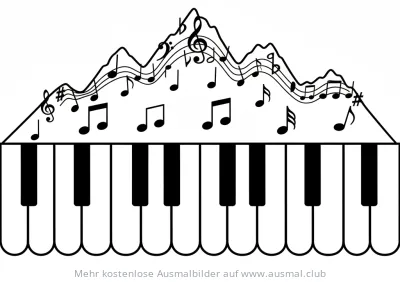 Klavier Ausmalbild mit Berglandschaft aus Noten
