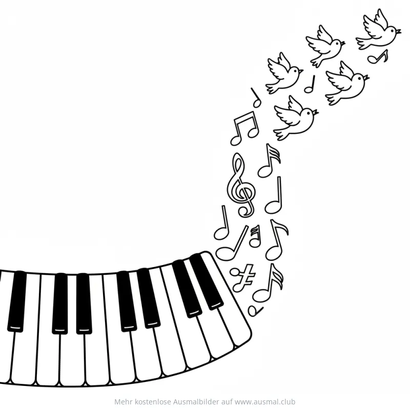 Klavier Ausmalbild mit Noten und Vögeln