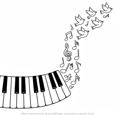 Klavier Ausmalbild mit Noten und Vögeln