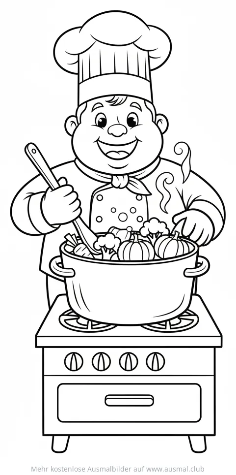 Koch mit Kochtopf voller Gemüse Ausmalbild