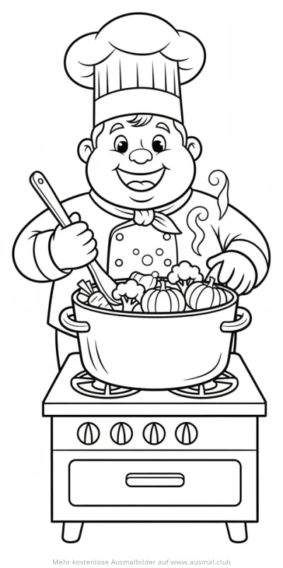 Koch mit Kochtopf voller Gemüse Ausmalbild