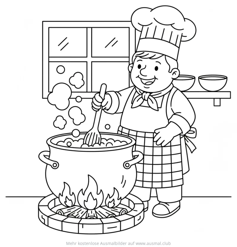 Koch rührt mit einem Löffel im Topf Ausmalbild