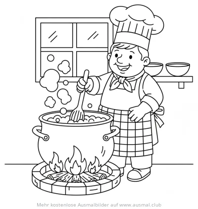 Koch rührt mit einem Löffel im Topf Ausmalbild