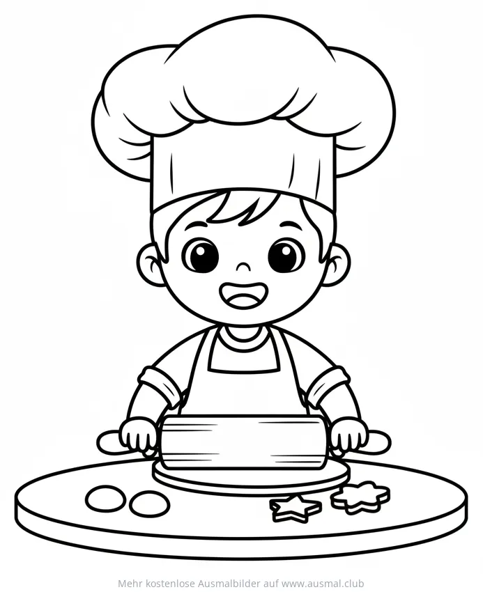 Junge mit Kochmütze rollt Teig aus Ausmalbild