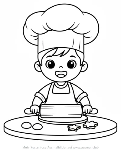 Junge mit Kochmütze rollt Teig aus Ausmalbild