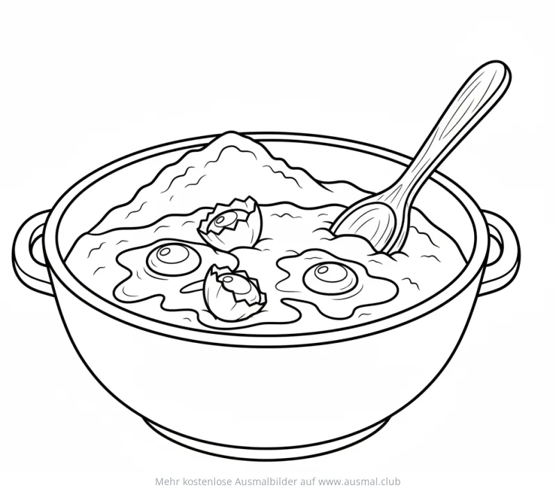 Teigschüssel mit Eiern und Kochlöffel Ausmalbild
