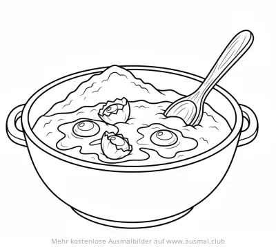 Teigschüssel mit Eiern und Kochlöffel Ausmalbild