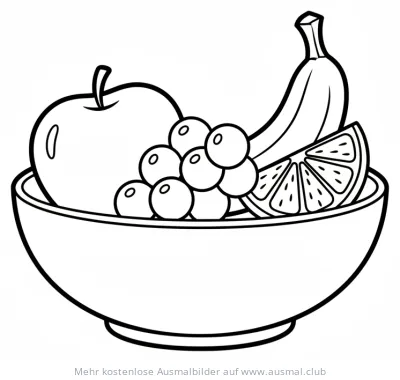 Obstschale mit Apfel, Trauben, Banane und Orange Ausmalbild