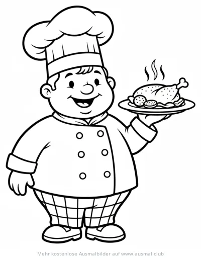Freundlicher Koch mit Kochmütze hält einen Teller mit Braten, Ausmalbild