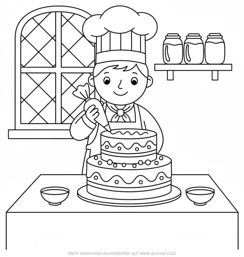 Bäckerin dekoriert Kuchen mit Spritzbeutel Ausmalbild