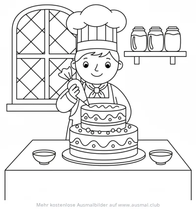 Bäckerin dekoriert Kuchen mit Spritzbeutel Ausmalbild