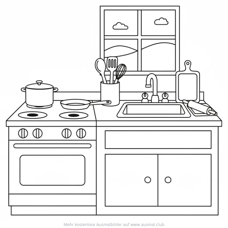 Küche mit Herd, Spüle und Küchenutensilien Ausmalbild