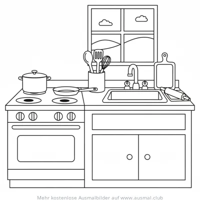 Küche mit Herd, Spüle und Küchenutensilien Ausmalbild