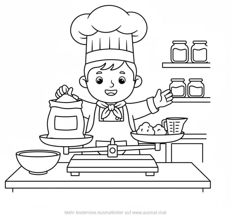 Koch wiegt Zutaten auf einer Waage Ausmalbild