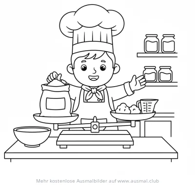 Koch wiegt Zutaten auf einer Waage Ausmalbild