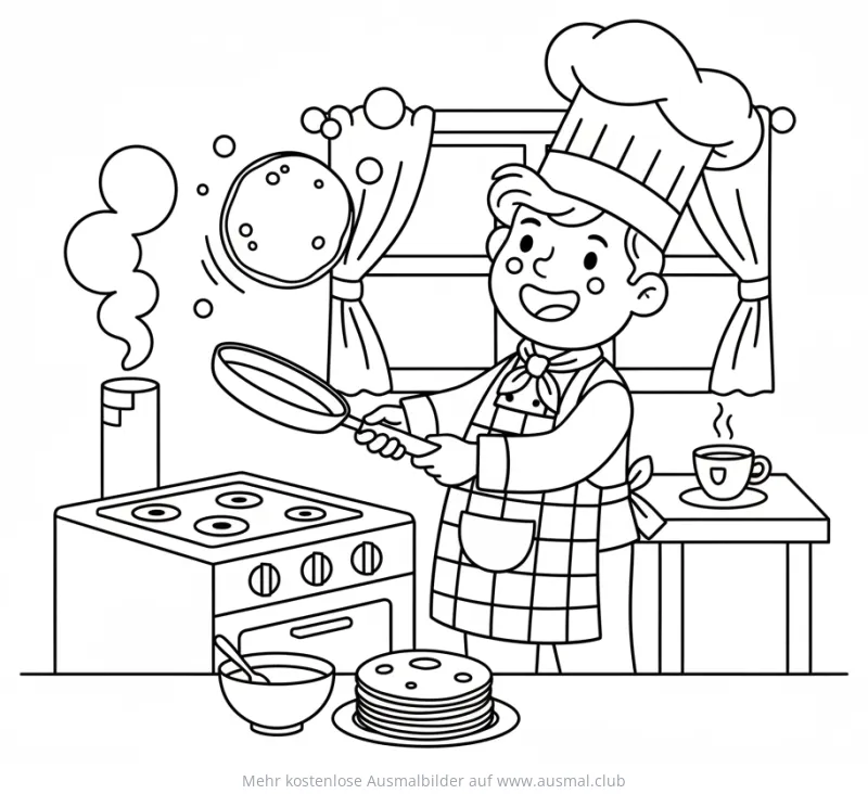 Koch backt Pfannkuchen Ausmalbild