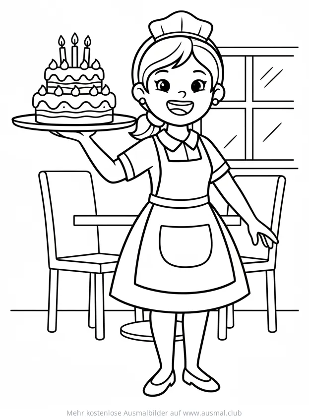 Freundliche Kellnerin mit Torte Ausmalbild
