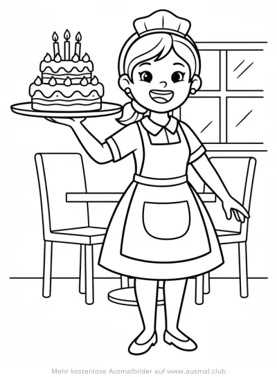 Freundliche Kellnerin mit Torte Ausmalbild