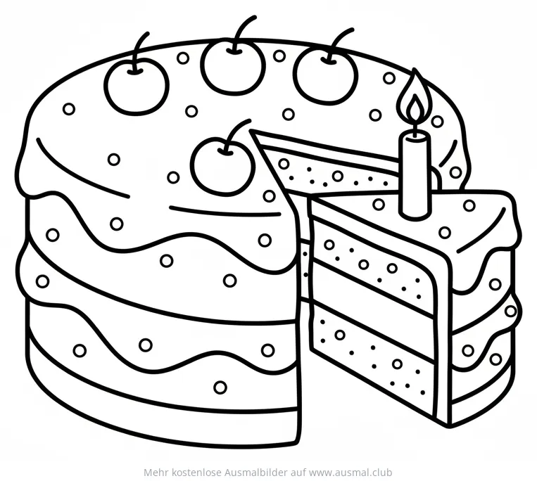 Schokoladenkuchen mit Kerze und Kirschen Ausmalbild