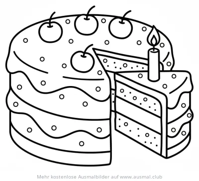 Schokoladenkuchen mit Kerze und Kirschen Ausmalbild