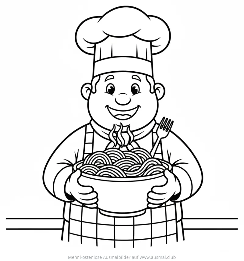 Koch hält Schüssel mit Spaghetti Ausmalbild