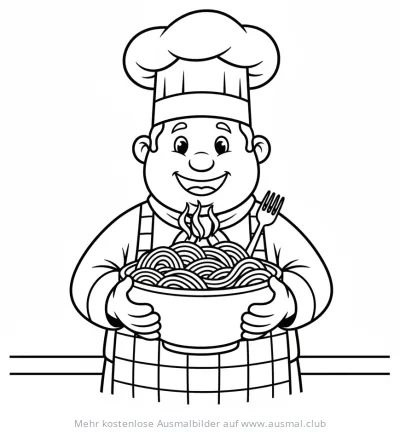 Koch hält Schüssel mit Spaghetti Ausmalbild