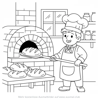 Bäckerin holt Brot aus Ofen Ausmalbild