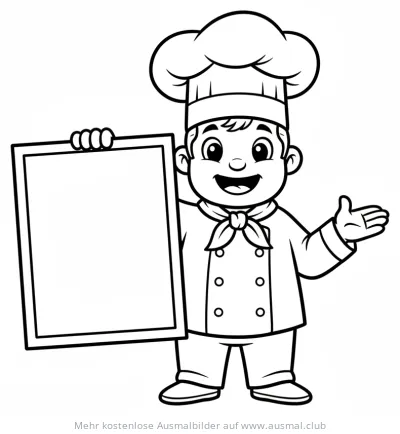 Freundlicher Koch mit Kochmütze und leerer Menütafel Ausmalbild