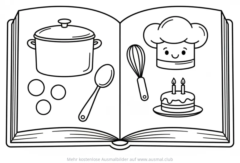 Kochbuch mit Kochutensilien und Lebensmitteln Ausmalbild