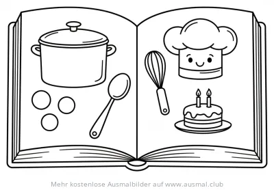 Kochbuch mit Kochutensilien und Lebensmitteln Ausmalbild