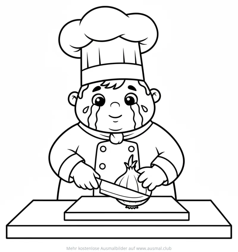 Weinender Koch schneidet Zwiebel Ausmalbild