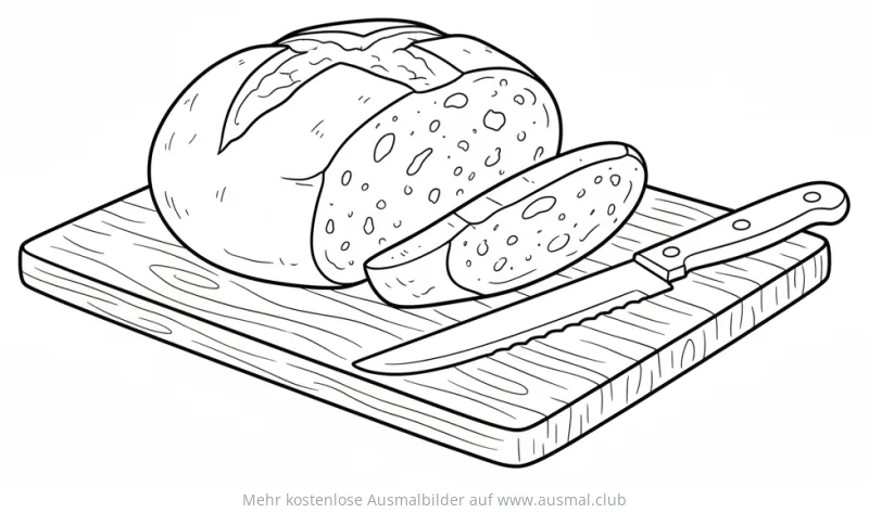 Brotlaib mit Brotmesser auf Holzbrett Ausmalbild