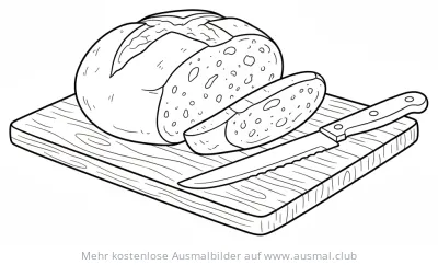 Brotlaib mit Brotmesser auf Holzbrett Ausmalbild