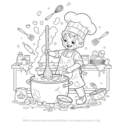 Junge als Koch beim Rühren im Topf Ausmalbild